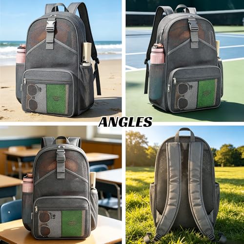 Metaverse Mesh Sports Backpack 20 Inch with Racket Holder for Men Women, Large Travel Gym Beach Backpack with Water Bottle Pockets - color: Grey