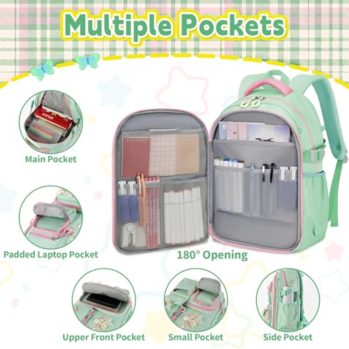 Girls Backpack with Lunch Box Set, 4 PCS Cute Kawaii School Bookbag for Elementary Girls, Green Aesthetic Large Laptop Backpack for Kids & Teens - color: Green