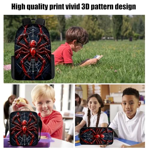 3 in 1 Spider Pattern, 17'' Large-Capacity Backpack Set With a Fashionable and Personalized Style is Exquisitely Designed and Widely Applicable, Making it an Ideal Choice(Red)