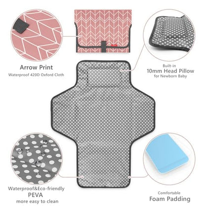 Babebay Waterproof Portable Diaper Changing Pad, Foldable Travel Changing Mat for Baby Girl Boy, Lightweight Travel Changing Station, Boho Geometric Pattern - color: Pink Wave Print