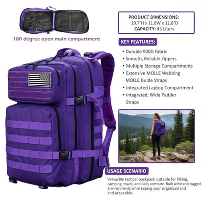 45L Military Tactical Backpack for Men & Women Bug Out Bag Assault pack Molle Daypack Hiking Trekking Rucksack(Purple) - color: Purple