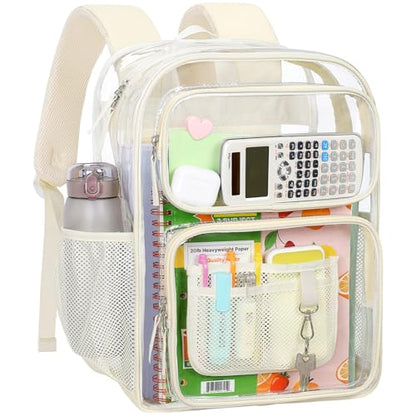PACKISM Clear Backpack for School - 17 inch Large Heavy Duty Bookbag, Reinforced See Through PVC Transparent Backpack - color: Light Beige, style: Daypack Backpacks