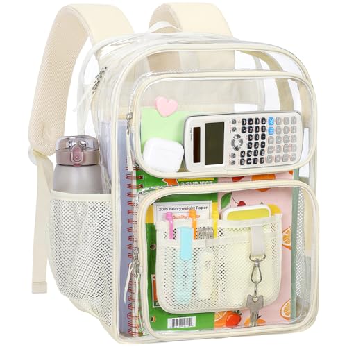 PACKISM Clear Backpack for School - 17 inch Large Heavy Duty Bookbag, Reinforced See Through PVC Transparent Backpack - color: Light Beige, style: Daypack Backpacks