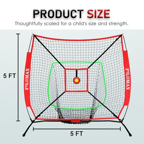 5x5 FT Baseball & Softball Practice Net with Red Strike Zone & Target | Youth Baseball & Softball Training Net for Hitting, Pitching, Batting |for Accurate Throwing Practice,Includes Carry Bag.