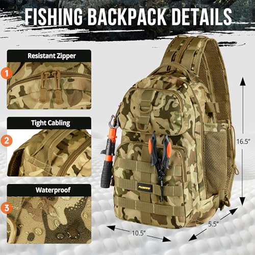 PLUSINNO Fishing Backpack with Tackle Boxes, Waterproof Sling Tackle Bag For Fishing Gear With Rod Holder, Fish Gifts for Men With Fish lures, Fish pliers. - color: Khaki Fishing Backpack With Fishing Tools