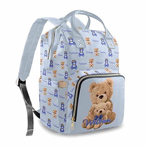 Custom Bear Diaper Bag Backpack for Baby Boy, Personalized Name Cute Cartoon Large Nappy Nursing Orangizer Mommy Bags, Waterproof Travel Daypack for Dad Mom Gifts - color: Bear-blue-02