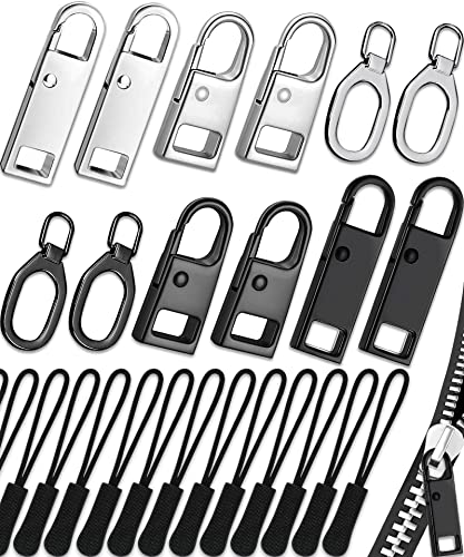 Zipper Pull Replacement 32 Pack, Universal Replacement Zipper Pull Kit, Replacement Zipper Pulls Tab, Luggage Zipper Pulls for Backpacks, Purses, Jackets, Boots (4 Styles 4 Sizes) - color: Black + Silver 32 Pack Zipper Pull Replacement