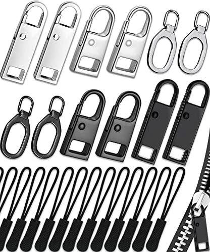 Zipper Pull Replacement 32 Pack, Universal Replacement Zipper Pull Kit, Replacement Zipper Pulls Tab, Luggage Zipper Pulls for Backpacks, Purses, Jackets, Boots (4 Styles 4 Sizes) - color: Black + Silver 32 Pack Zipper Pull Replacement