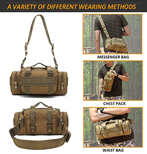Tactical Duffel Bags for Men, 3P Military Molle Waist Fanny Packs EDC Utility Pouch Crossbody with Shoulder Strap Hand Carry - color: Tan