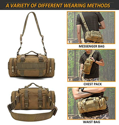 Tactical Duffel Bags for Men, 3P Military Molle Waist Fanny Packs EDC Utility Pouch Crossbody with Shoulder Strap Hand Carry - color: Tan