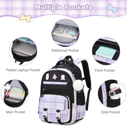 FIXITOK 3PCS School Backpack for Girls, Girls Backpack with Lunch Box, Pencil Case, Cute Kawaii Plaid Book Bag for Teen Girl Kindergarten Elementary Preschool Middle High School, Black Purple - color: Black Purple