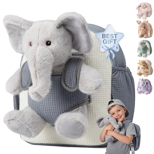 Moonkie Hug & Go™ Elephant Toddler Backpack – Soft Plush Bag with Take-Along Toy for Boys Aged 2–4 | Ideal for Daycare, Travel & Birthday Gifts - color: Elephant