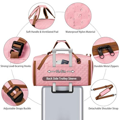Convertible Garment Bags for Travel - Carry on Garment Duffle Bag with Backpack Straps for Men Women, 4 in 1 Large Travel Duffel Bags with Shoes Compartment Hanging Suit Dress Weekender Bag 3pcs Set - color: B-Pink