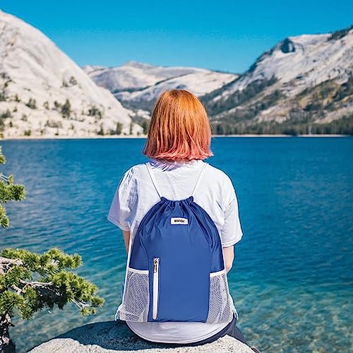 WANDF Drawstring Backpack Sports Gym Sackpack with Mesh Pockets Water Resistant String Bag for Women Men (Navy Blue) - color: Navy Blue