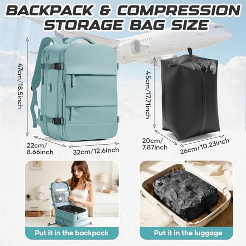 Travel Backpack with Compression Vacuum Storage Bag & Electric Pump, Expandable Flight Approved Carry On Backpack, 18x14x8 inches Personal Item Travel Bag for Men Women, Blue - color: Blue