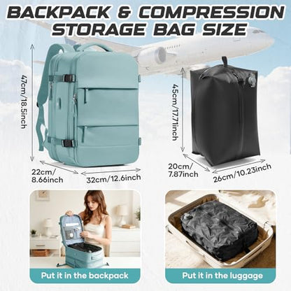 Travel Backpack with Compression Vacuum Storage Bag & Electric Pump, Expandable Flight Approved Carry On Backpack, 18x14x8 inches Personal Item Travel Bag for Men Women, Blue - color: Blue