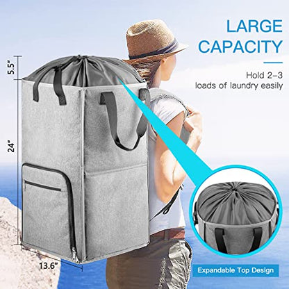 Bukere Laundry Backpack Bag, Extra Large 2 in 1 Laundry Hamper Basket for College Students Dorm Essentials, Adjustable Shoulder Straps, Freestanding Laundry Bag(Grey&Grey) - color: Grey&Grey