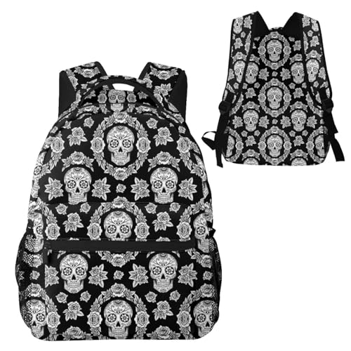 Casual Travel Daypack Black And White Floral Day Of The Dead Mexican Sugar Skulls, Multi Pocket Water Resistant Backpack for Men Women Weekend Getaways - color: Pattern (226)