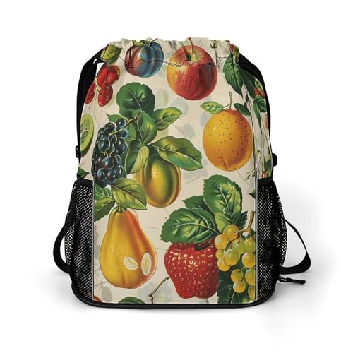 Drawstring Gym Backpack with Shoe Compartment And Wet Pocket, 28L Lightweight Waterproof Various Fruit Sports Backpack for Workout Swim Beach Travel String Bag for Men Women