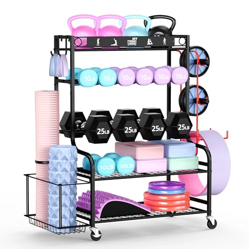 Mythinglogic Weight Rack for Dumbbells, Home Gym Storage for Yoga Mat Dumbbells Kettlebells and Strength Training Equipment, Dumbbell Rack with Wheels and Hanging Hooks - color: New Black