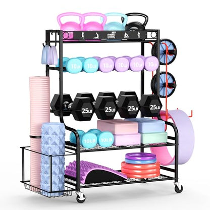 Mythinglogic Weight Rack for Dumbbells, Home Gym Storage for Yoga Mat Dumbbells Kettlebells and Strength Training Equipment, Dumbbell Rack with Wheels and Hanging Hooks - color: New Black