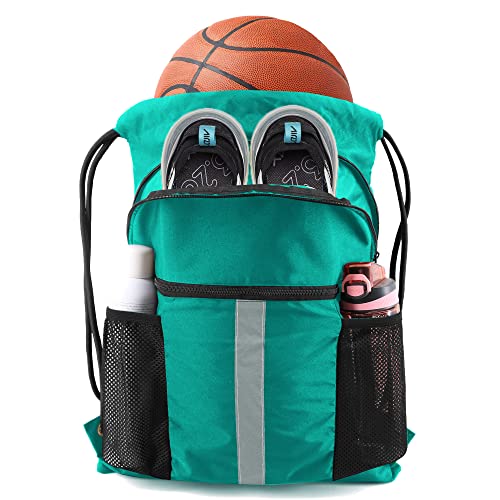 BeeGreen Drawstring Backpack Bag with Shoe Compartment, X-Large Black Gym Sports String Cinch Backpack - color: Teal Blue