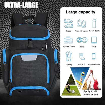 LARIPOP Basketball Backpack with Ball & Ventilated Shoe Compartment Insulated Pockets for Men Training - color: TR Blue