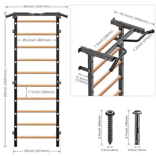 Kipika Gymnastic Stall Bar - 2"x2" Swedish Ladder with 1" Hole, Wall Mounted Pull-up Bar Ladder Suspension Trainer, Solid Wood Grips Gymnastics Training Bar for Home, Wall Gym, School - color: A - Swedish Ladder