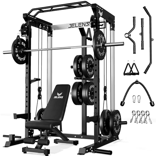 JELENS C21 Power Cage, 2000LBS Multi-Function Power Rack with Independent Dual Pulley System, All-in-One Squat Rack for Cable Crossover, Home Gym Workout Machine - color: Black, size: 370LBS Black Weights Package