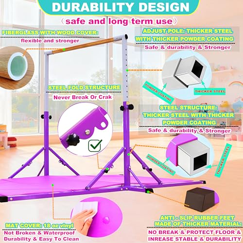 Marfula Gymnastic Bar For Kid and Teenage of 3-25, 5Ft/8 FT Base Length 4Ft Width 5Ft Adjust Height, Gymnastic Kip Bar For Gymnast, Gymnastic Training Equipment For Professional Training Home Club Use - color: Purple (Bar with Mat - 8 Ft Base)