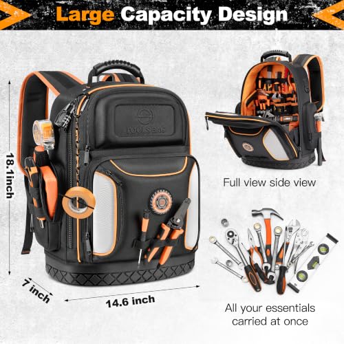 LOKASS 18.1 Inch Tool Backpack, 75 Pockets & Loops Heavy-Duty 1680D Molded Base Tool Bag with Combination Lock for Electrician, HVAC, Construction Workers, Black - color: Black