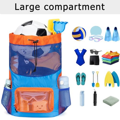 Swim Bag for Kids Mesh Beach Backpack for Boys Lightweight Drawstring Beach Bag Swimming Pool Sports Gym String Bag (Blue) - color: Blue