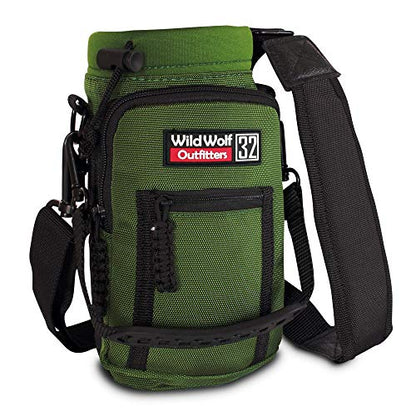 Wild Wolf Outfitters - #1 Best Water Bottle Holder for 32 oz Bottles - Carry, Protect and Insulate Your Flask with This Military Grade Carrier w/ 2 Pockets and an Adjustable Padded Shoulder Strap. - color: Green