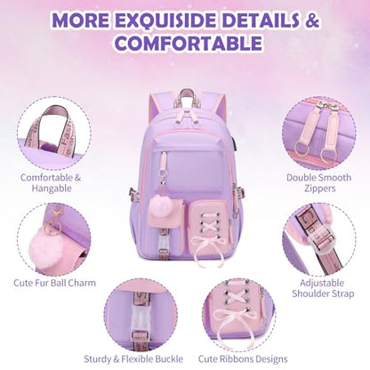 ACESAK Backpacks for Girls, Girls Backpack with Lunch Box and Pencil Case for Teen Kids Elementary Middle High School College Student, Children Backpack Bookbag with USB Charging Port (Pink Purple) - color: Purple & Pink