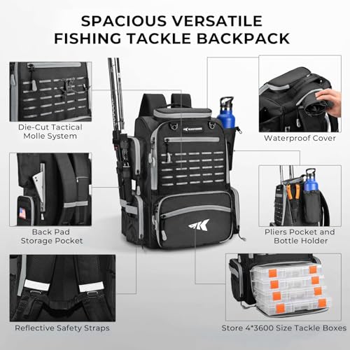 KastKing Bait Boss Fishing Tackle Backpack with Rod Holders-4 Tackle Boxes-Rain Cover,Storage for Fishing Gear - color: A: Black