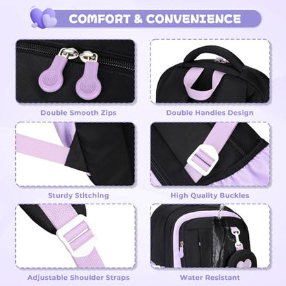 MOONBABY Girls Backpack, Kids Backpack for Girls, School bag for Primary Elementary Teenage, Middle School Students Bookbag - color: Black Purple
