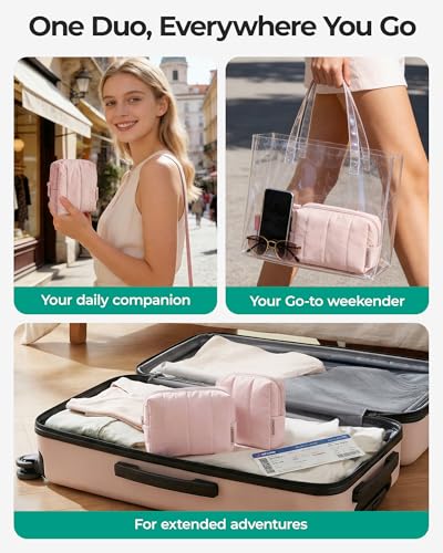 BAGSMART Makeup Bag Duo Set, Puffy Padded Travel Cosmetic Organizer with Slip-in Pockets, Large Toiletry Bag & Small Purse Pouch, Travel Essentials for Women, Black - color: 13-Black