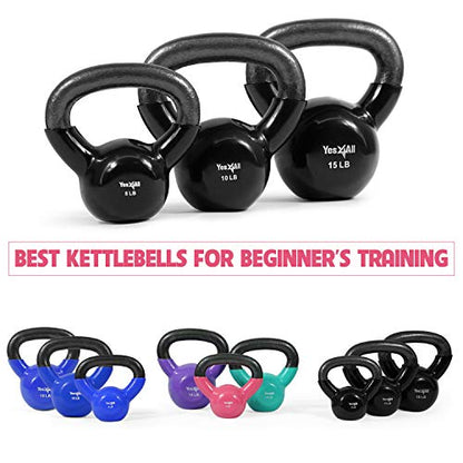 Yes4All Kettlebell, Vinyl Coated Kettlebell Cast Iron Sets with Stable Flat Bottom for Full Body Workout, Push up, Grip Strength Training & Weights Exercises - color: Black, style: 5 - 15lb