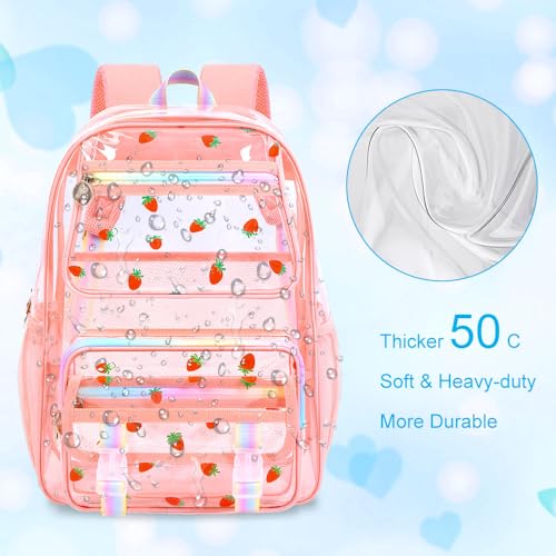 KLFVB Girls Clear Backpack Heavy Duty, 3PCS See Through School Bag Set, Cute Transparent Bookbag for Women - Strawberry Pink - color: Strawberry Pink Clear Backpack