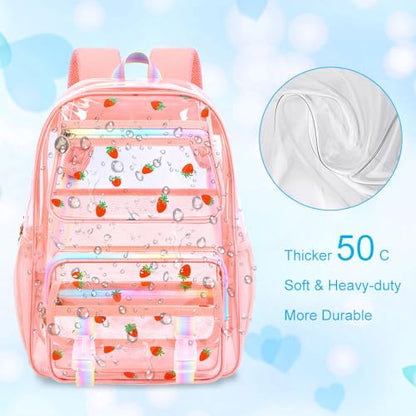 KLFVB Girls Clear Backpack Heavy Duty, 3PCS See Through School Bag Set, Cute Transparent Bookbag for Women - Strawberry Pink - color: Strawberry Pink Clear Backpack