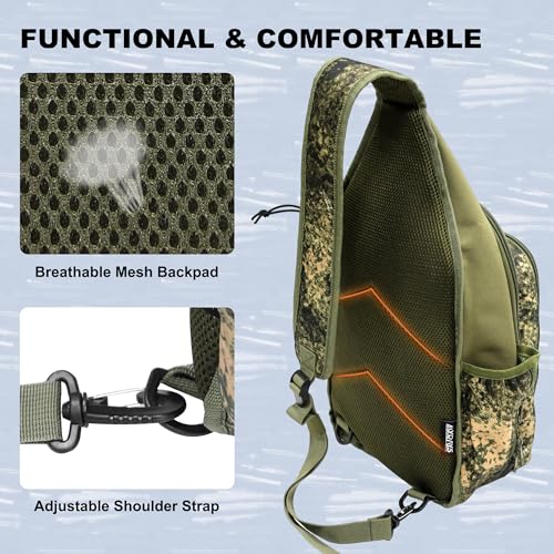 MYDAYS Fishing Sling Tackle Storage Bag, Lightweight Outdoor Sling Tackle Backpack for Fishing Gear and Equipment (Green Camo)