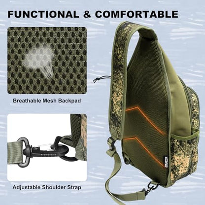 MYDAYS Fishing Sling Tackle Storage Bag, Lightweight Outdoor Sling Tackle Backpack for Fishing Gear and Equipment (Green Camo)