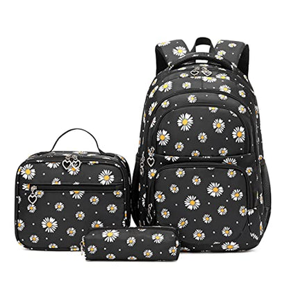 YJMKOI 3Pcs Daisy Prints Backpack for Girls Middle-School Elementary Students Bookbag Set with Lunch Box (Black) - color: Black