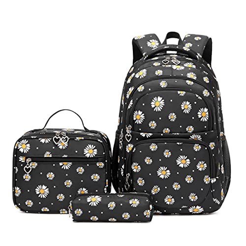YJMKOI 3Pcs Daisy Prints Backpack for Girls Middle-School Elementary Students Bookbag Set with Lunch Box (Black) - color: Black