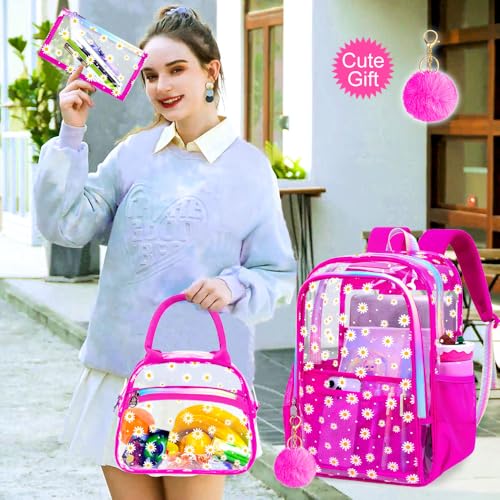 gxtvo 3PCS Transparent Backpack Heavy-Duty Set for Women & Teen Girls, 17" Rose Clear Bookbag with Rainbow Strap, Cute Chrysanthemum See Through School Bag - color: Rose Chrysanthemum Clear Backpack Set