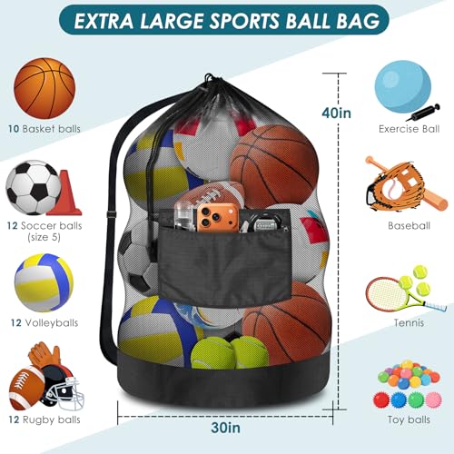 BROTOU Extra Large Soccer Ball Net Bag, 40" x 30" Drawstring Mesh Ball Bag with Zipper Pocket, Sports Equipment Bag for Gym, Cloth, Beach, Swimming Gears - color: Black-5pcs-Durable Upgraded