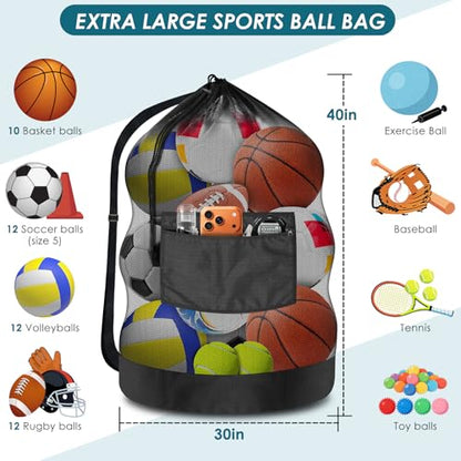 BROTOU Extra Large Soccer Ball Net Bag, 40" x 30" Drawstring Mesh Ball Bag with Zipper Pocket, Sports Equipment Bag for Gym, Cloth, Beach, Swimming Gears - color: Black-5pcs-Durable Upgraded