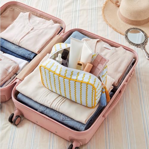 Kacctyen 6 Pack Mustard Yellow and Sage Green Striped Makeup Bag bulk with Tassel Travel Cosmetic Pouch Organizer Large Zipper Toiletry Case for Women Aesthetic Storage Pouch Mahjong Tile Bag - color: Mustard Yellow and Sage Green