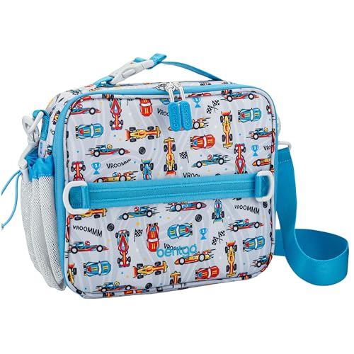 Bentgo Kids Prints Lunch Bag - Double-Insulated, Reusable, for Kids 3+, Adjustable Strap; Holds Lunch Box/Water Bottle/Snacks; Easy-Clean, Water-Resistant, Pockets (NEW Race Cars) - color: Race Cars