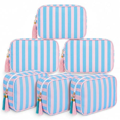 Kacctyen 6 Pack Peony Pink and Slate Blue Striped Makeup Bag bulk with Tassel Travel Cosmetic Pouch Organizer Large Zipper Toiletry Case for Women Aesthetic Storage Pouch Mahjong Tile Bag - color: Peony Pink and Slate Blue